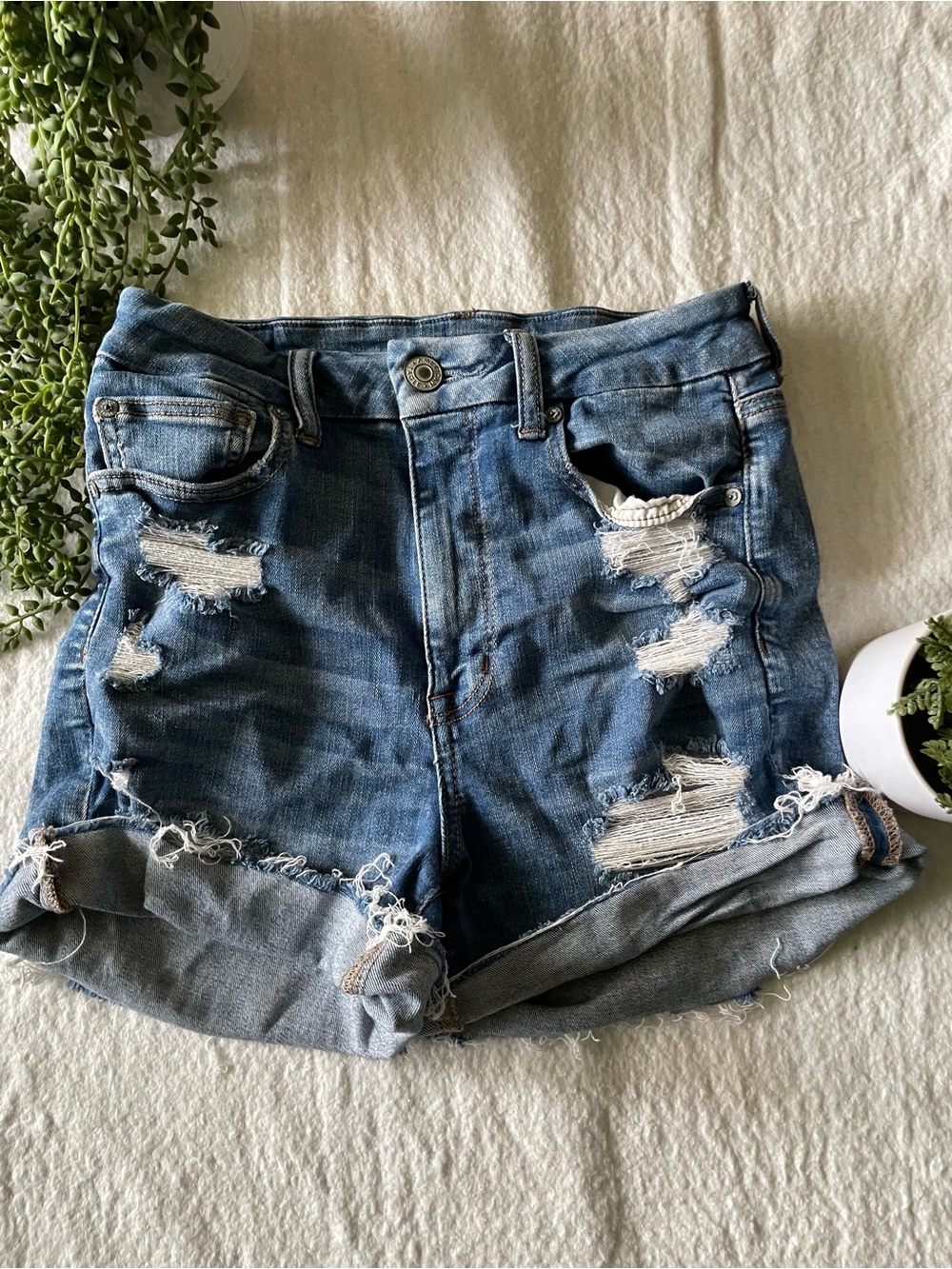 American Eagle Outfitters Distressed Blue Rolled-Hem Jean Shorts